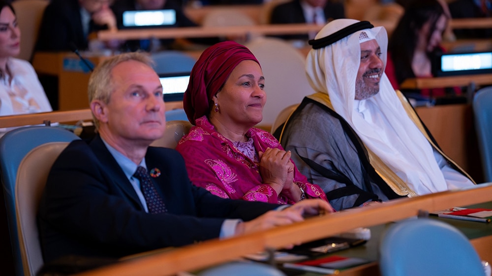 Kuwait’s Permanent Representative at the UN Ambassador Tareq Al-Banai (right) is seen with the Deputy Secretary-General of the United Nations Amina J. Mohammed (center) and an official during the celebration.