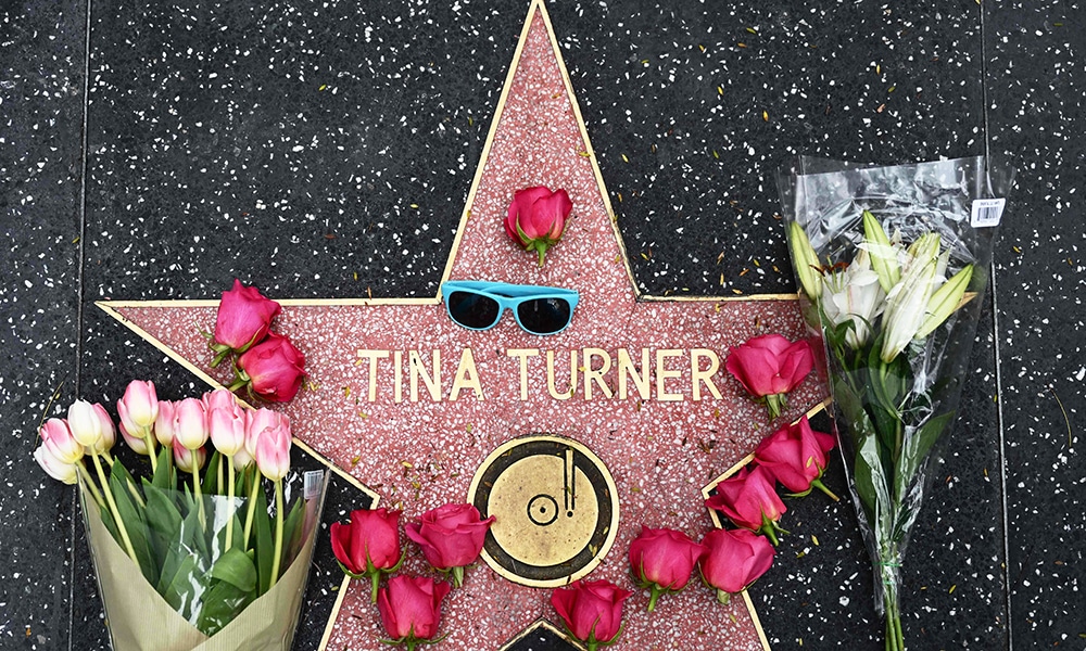 Flowers and a pair of sunglasses are placed on the Hollywood Walk of Fame star of US-Swiss singer Tina Turner, in Hollywood, California.