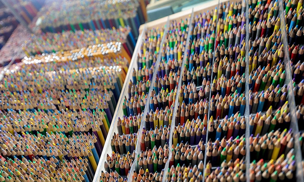 A view of colored pencils displayed at the shop of Iranian merchant Mohammad Rafi at the Grand Bazaar in Tehran.