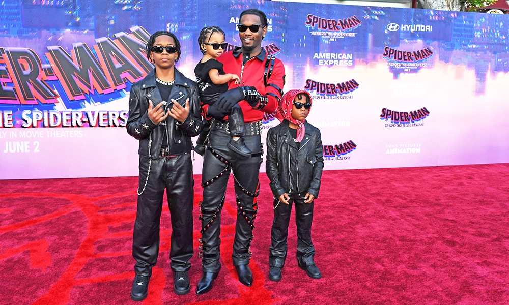 US rapper Offset (second right) and his family arrive for the world premiere of 'Spider-Man: Across The Spider-Verse'.