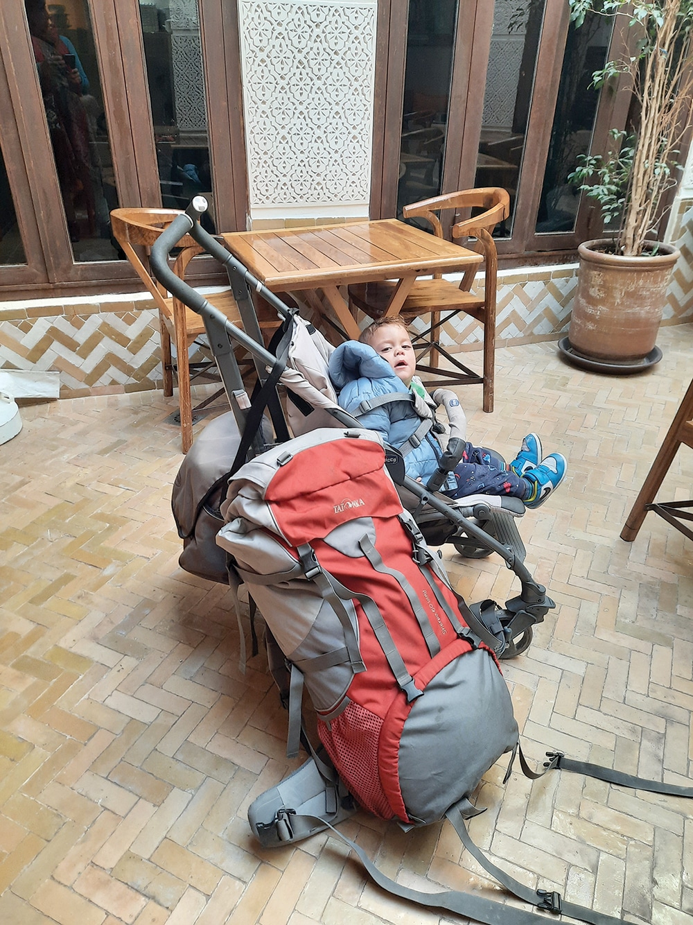 Andrea packs her stroller with all the essentials she may need on her trip.