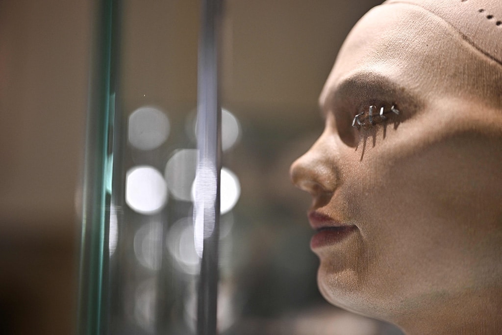 An art piece made by ultra-realistic AI robot Ai-Da is diplayed during the press preview of the London Design Biennale 2023 at Somerset House, central London.