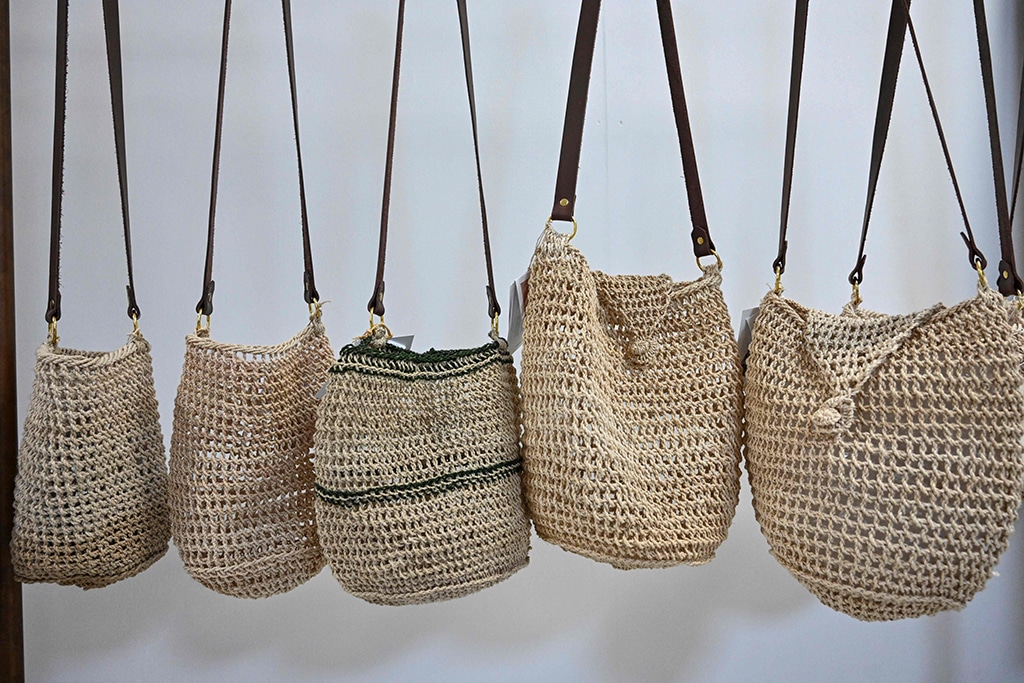 Traditional Papua New Guinean 'Bilum' bags on display at a workshop in Port Moresby.