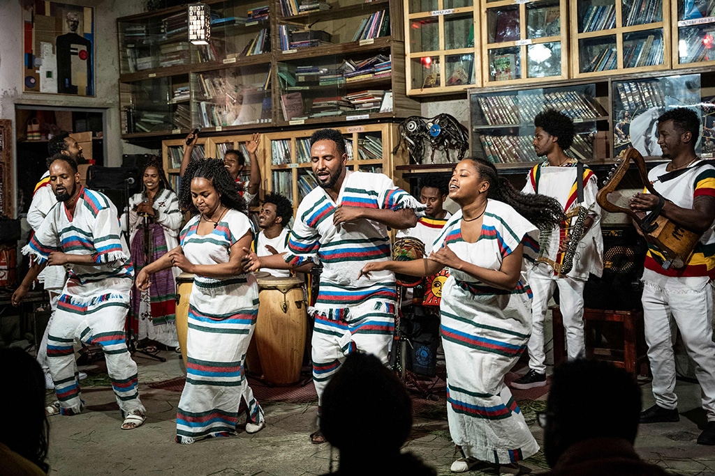 Members of Ethiocolor dance group perform traditional dance at Fendika Cultural Center.