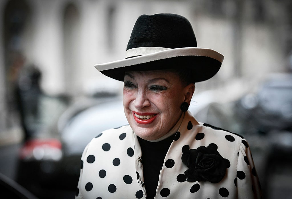 French former founder and president of the Miss France committee Genevieve de Fontenay arrives for a press conference of French political movement 'Les Patriotes' on April 23, 2018 in Paris.