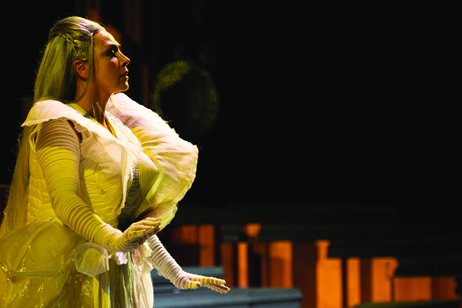 This photo shows Ukrainian soprano Oksana Dyka perform in Giacomo Puccini's